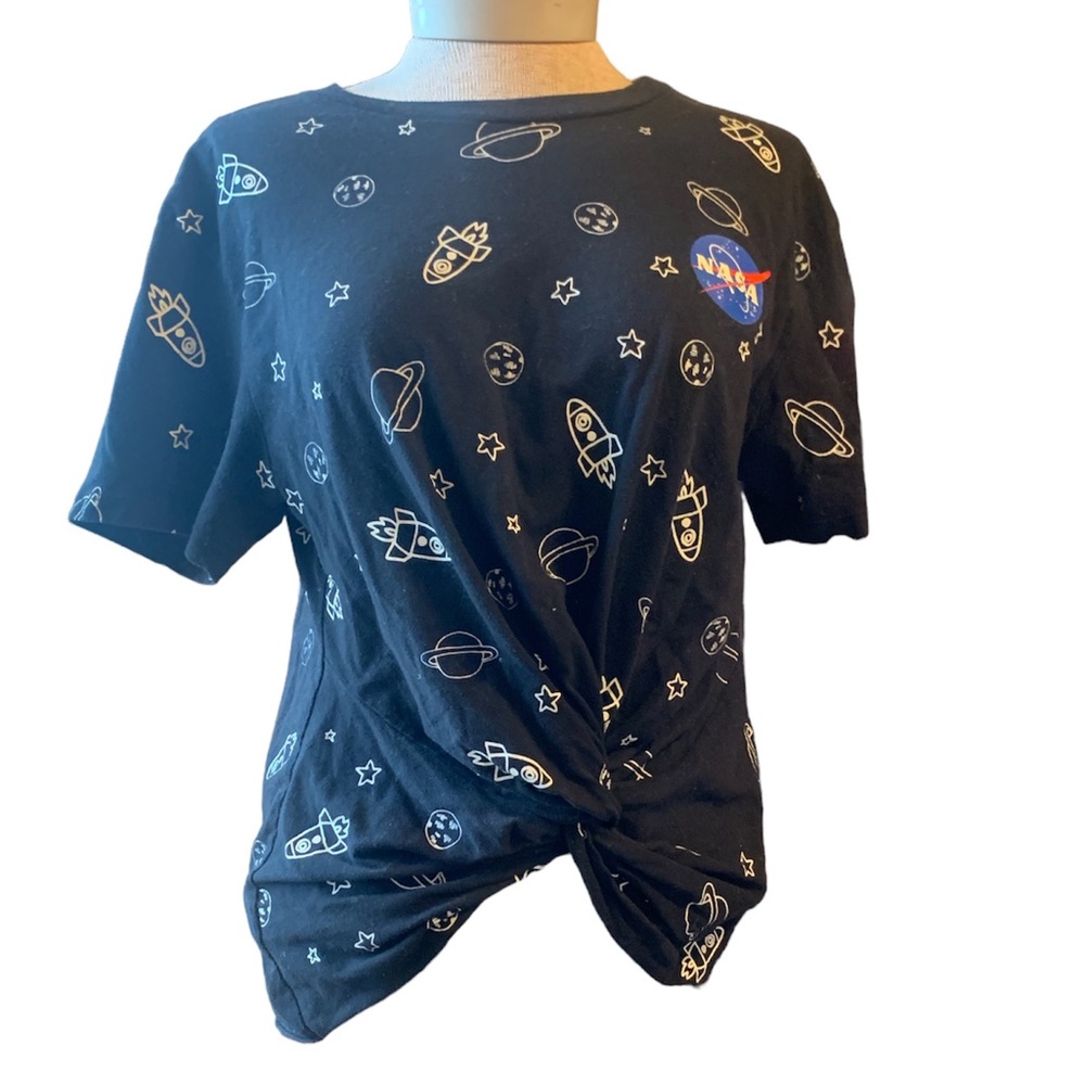 NASA Cartoon Print Twist-Front Girls T-Shirt Sz M - Picture 3 of 5